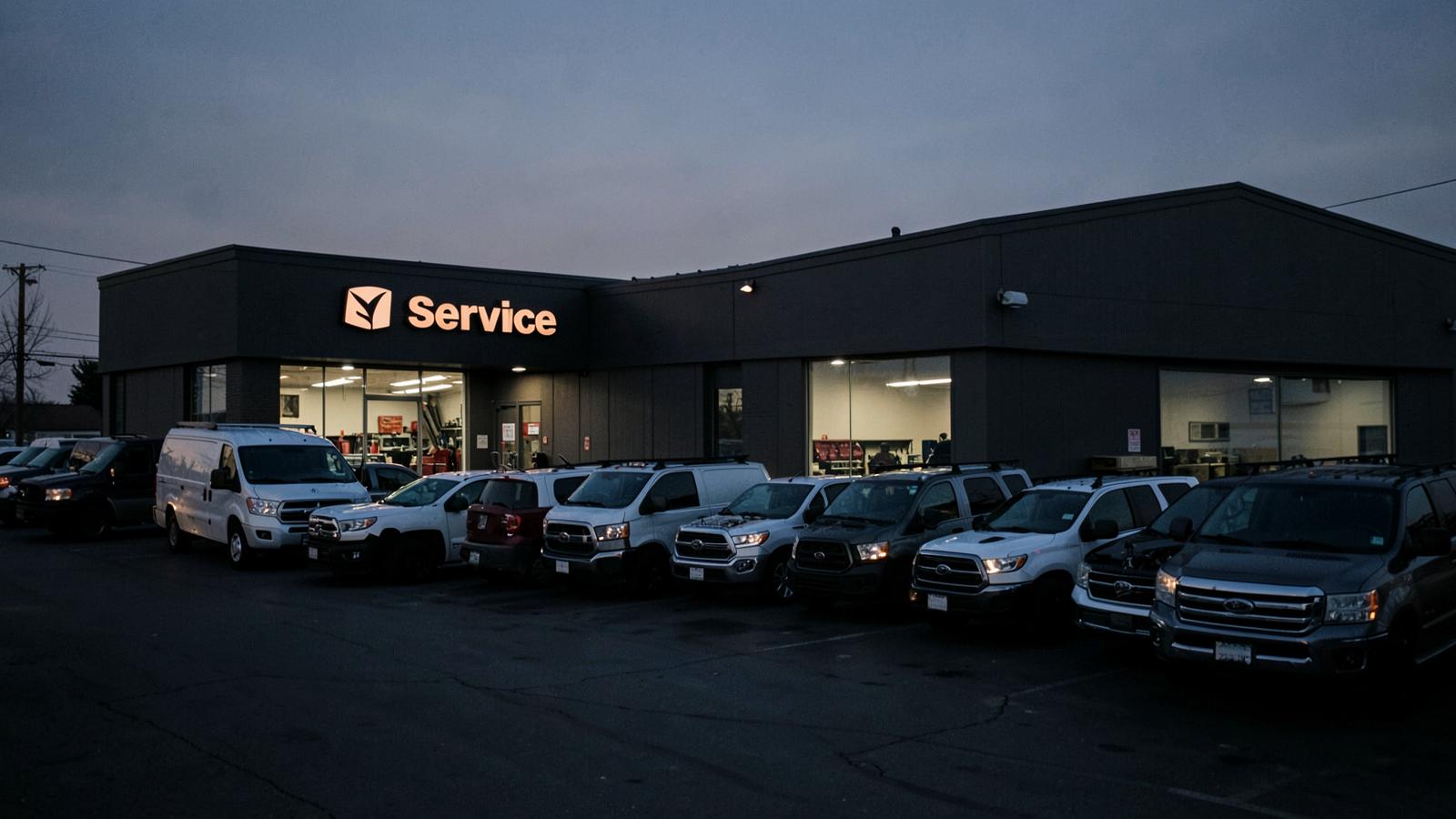 Work trucks and vans parked outside an auto repair shop